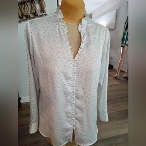 Express Size XL Slim White with BlacknPolka Dots Ruffled Neck Blouse